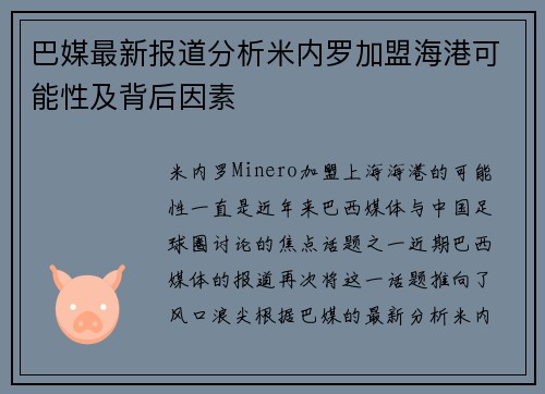 巴媒最新报道分析米内罗加盟海港可能性及背后因素