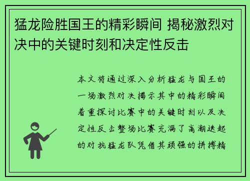 猛龙险胜国王的精彩瞬间 揭秘激烈对决中的关键时刻和决定性反击