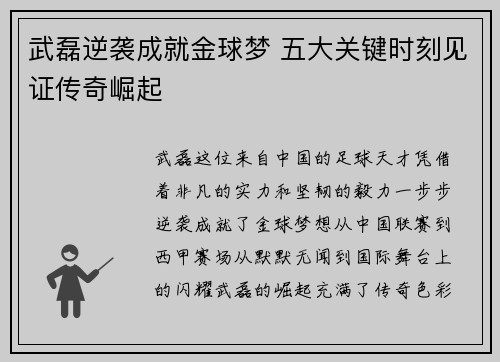武磊逆袭成就金球梦 五大关键时刻见证传奇崛起