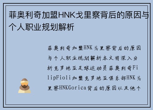 菲奥利奇加盟HNK戈里察背后的原因与个人职业规划解析 菲奥利奇加盟HNK戈里察背后的原因与个人职业规划解析